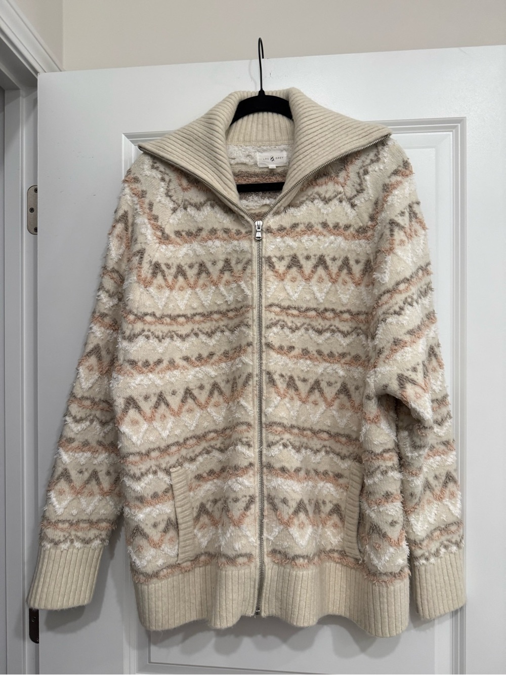 Lou & Grey Cream and Taupe Patterned Zip Sweater